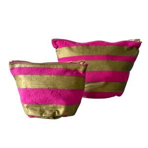 1980s Packard Cosmetic Bag Zip Pouch Set NWT Bergdorf Goodman Pink Gold Stripe